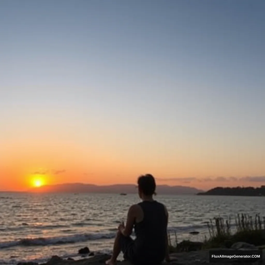 "At sunset, sitting by the sea, looking towards my homeland."