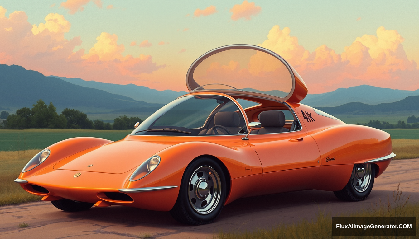 A radical concept car from the 1960s, as painted by Syd Mead, country setting, 4k, bubble canopy, retractable landing gear. - Image