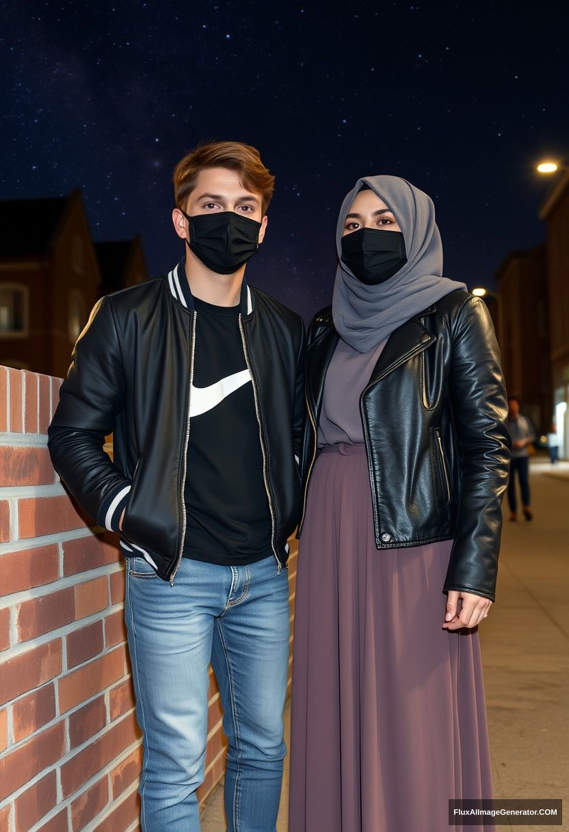 Jamie Dornan, youngest, black face mask, collage jacket, Nike t-shirt, jeans, tall man, fit body,

Dating, love with the biggest gray hijab Muslim girl, beautiful eyes, black face mask, leather jacket, biggest longest skirt, slim untall girl,

standing at a brick wall, in town, night scenery, Milky Way, hyper-realistic, photorealistic, street photography. - Image