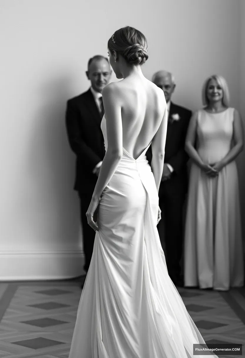 A short young woman, sensitive, delicate, backless strapless side-less low-waisted contouring wedding dress with a breezy loose open back spilling open to the sides, that seems like it was intentionally left undone. Before the council of fathers. Expectations. Perfect posture. Pale skin. - Image