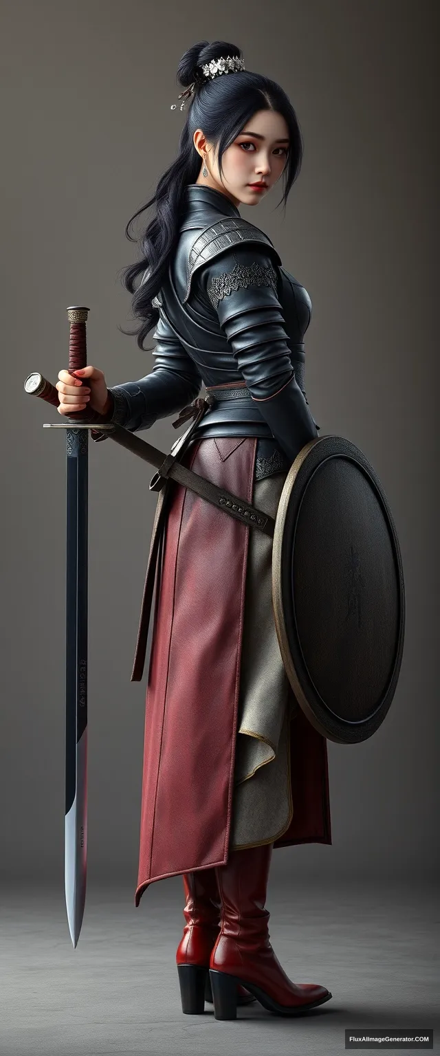 A gorgeous and elegant girl (like Tang Wei, with tousled hair and a silver hairpiece) is wearing leather armor (in a traditional Korean clothing style), with the skirt hemline at the back, the pus on one side of the stain, red leather boots, holding a traditional Korean sword and round shield (inscribed with "한"), hyper-realistic photo, Unreal Engine.