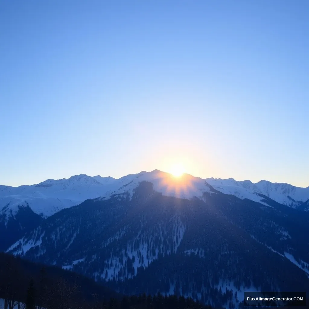 On winter mornings, the sun rises from the peak of snow-capped mountains.