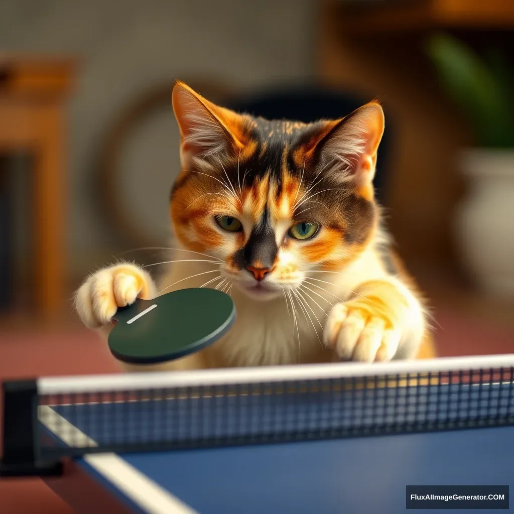 A yellow and black cat is playing ping pong. - Image