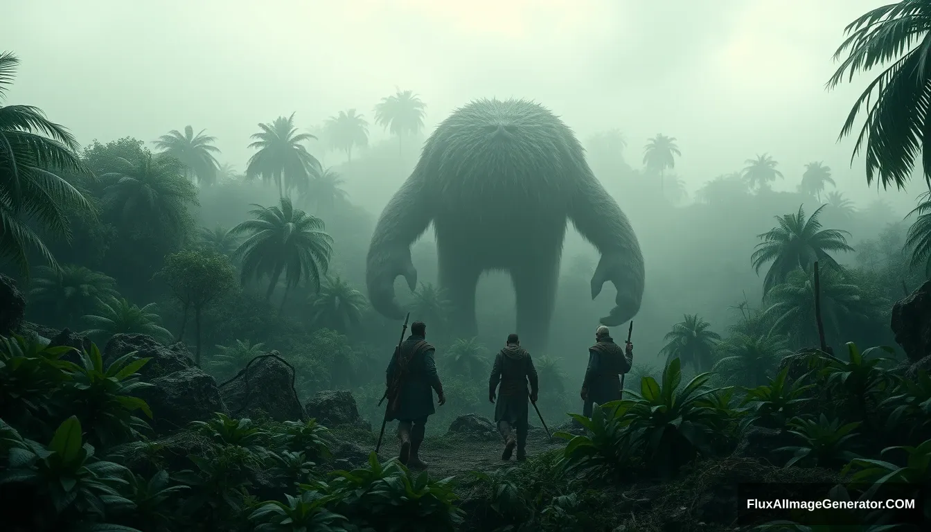 **Prompt Image Generator:**
"An eerie, desolate island with dense foliage. Tamim and his companions encountering Al-Jassasah, a mysterious, large, furry creature with indistinguishable front and back, amidst the jungle. Ultra HD, realistic, fantasy-like, with atmospheric and cinematic lighting." - Image