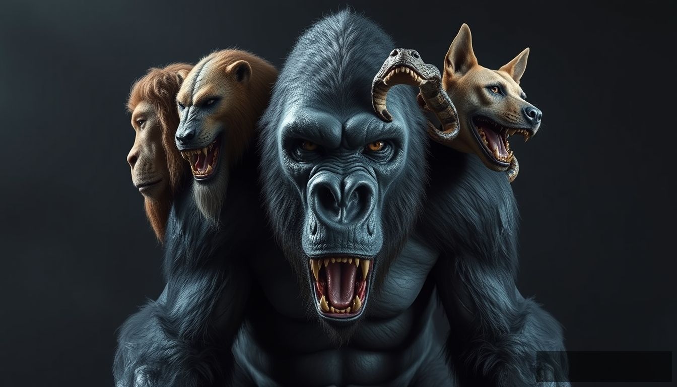 A horror monster, a gorilla with four heads (human, lion, snake, and dog) and its body is like that of a gorilla, full body from head to toe. - Image