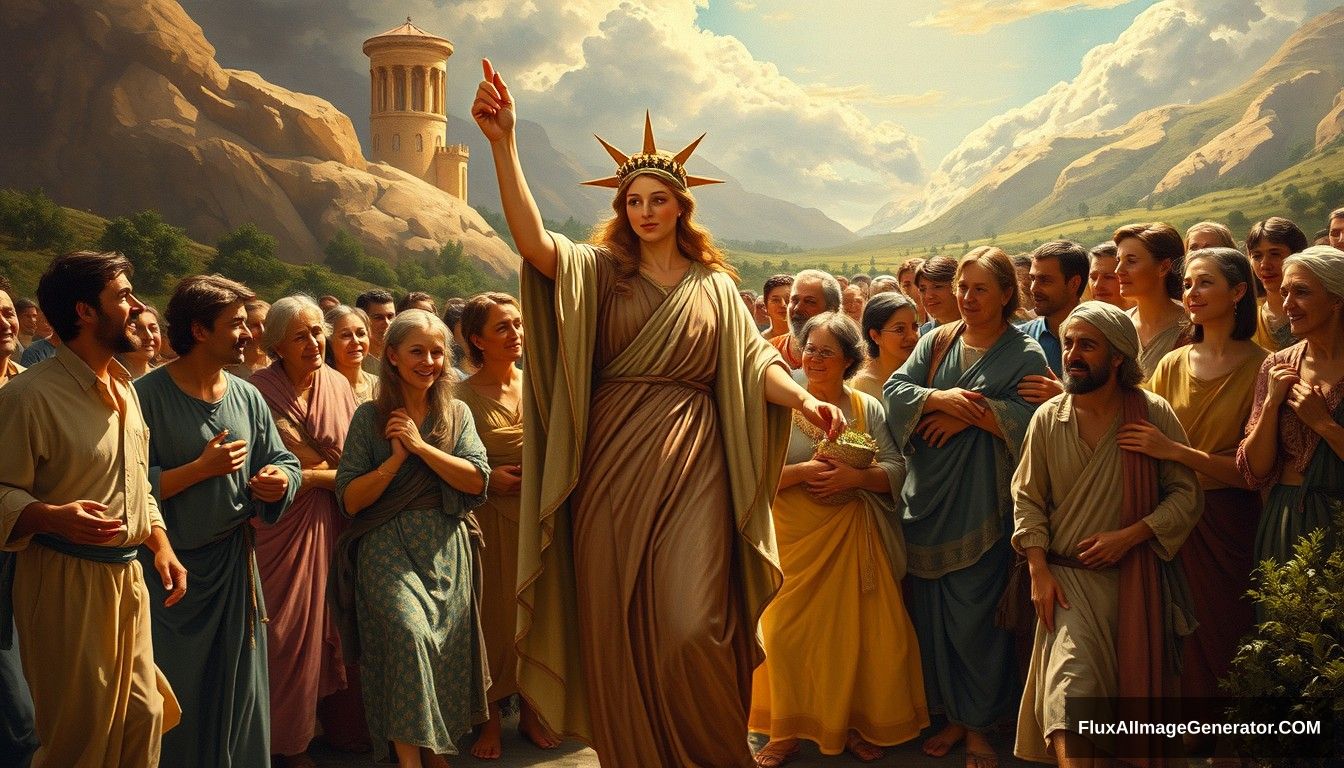 Renaissance oil painting style featuring a powerful and inspiring image depicting the concept of blockchain and decentralization. In the foreground, a goddess symbolizing blockchain and decentralization leads the people towards a bright future, reminiscent of the iconic painting 'Liberty Leading the People.' She is surrounded by families and individuals of predominantly European descent who are joyous and supportive, embracing and helping each other. The scene is vibrant and full of hope, capturing the essence of unity, progress, and decentralized, family-based agricultural production. Light shines from the front, illuminating the scene. - Image