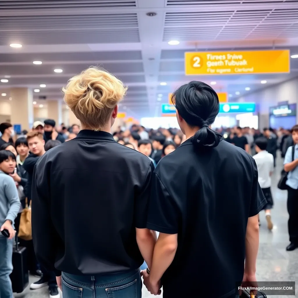 A man with curled, blonde hair at ear length and a man with ebony hair in a low ponytail are holding each other's hands in front of a large number of fans at the airport, showing their backs. Both are in K-pop idol style, and the blonde man is taller. - Image