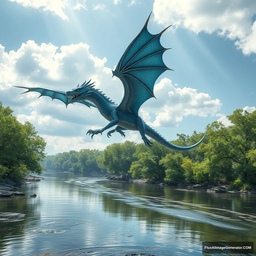 /imagine prompt: A hyper-realistic photograph of a western dragon flying high in the sky, its scales gleaming in blue and silver with intricate, lifelike reptilian texture, powerful wings flapping, dynamic pose, aerial view from the river below. The river flows calmly with crystal-clear water, perfectly reflecting the dragon above, surrounded by lush, verdant trees with visible leaves. The sky is partly cloudy with rays of sunlight piercing through, highlighting the dragon's form in stunning clarity, hd quality, vivid style --ar 16:9 --v 6.0 - Image