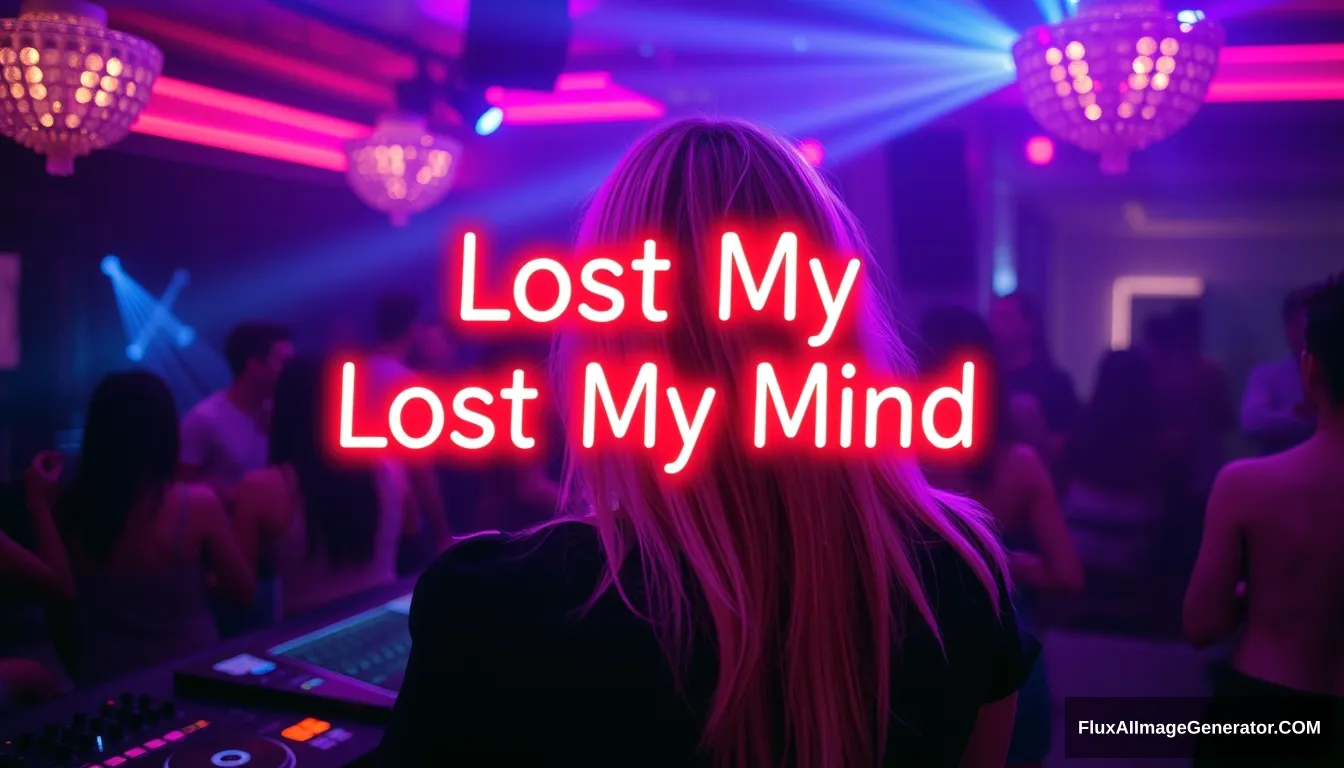 Blonde woman facing DJ, lost my mind in the club, people dancing, glowing 3D text saying "Lost My Mind". - Image