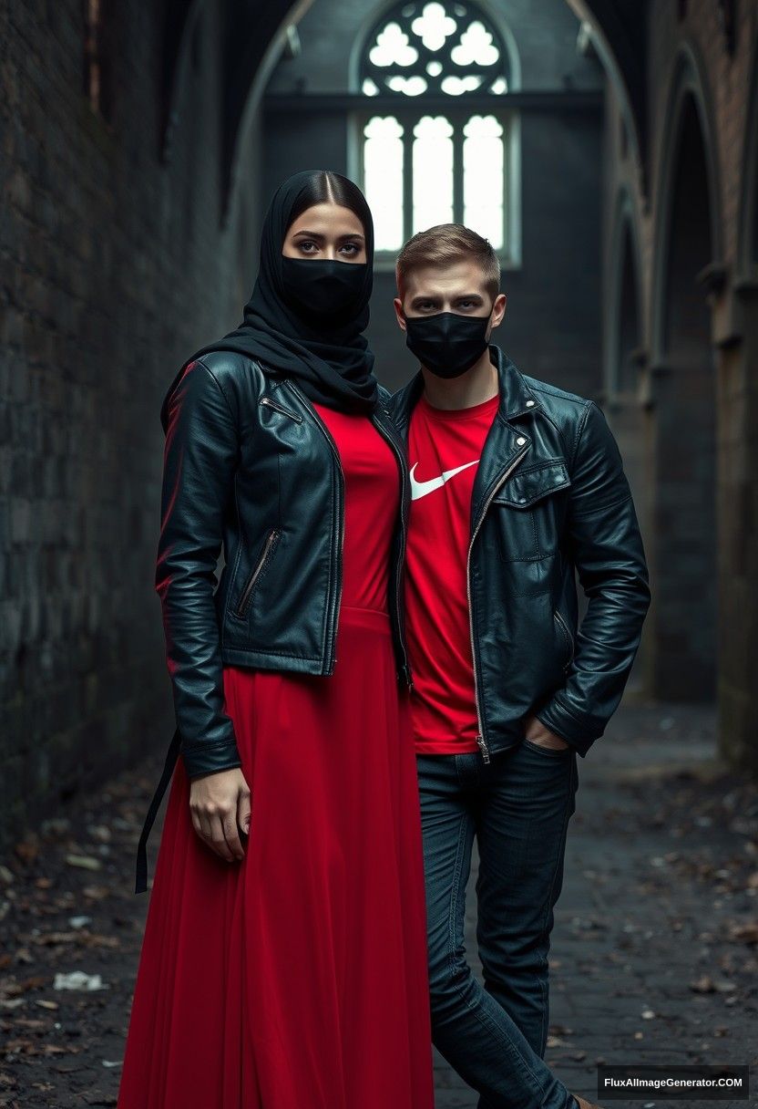 A biggest black hijab girl, beautiful eyes, face mask black, black leather jacket, biggest red longest dress, untall,

Jamie Dornan, handsome, face mask black, fit and tough body, Nike red t-shirt, black leather jacket, jeans, tall man,

standing lean against the wall together,
Hyper realistic, photorealistic, studio photography, Victoria's abandoned castle, gloomy, darkness. - Image