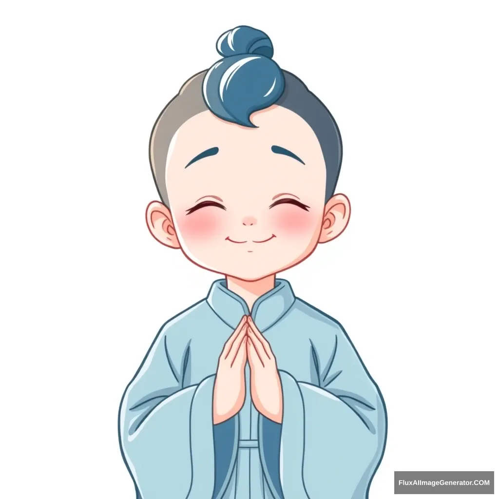 "A graceful, meditative Taoist boy, smiling with hands clasped together, overall in a blue color scheme." - Image