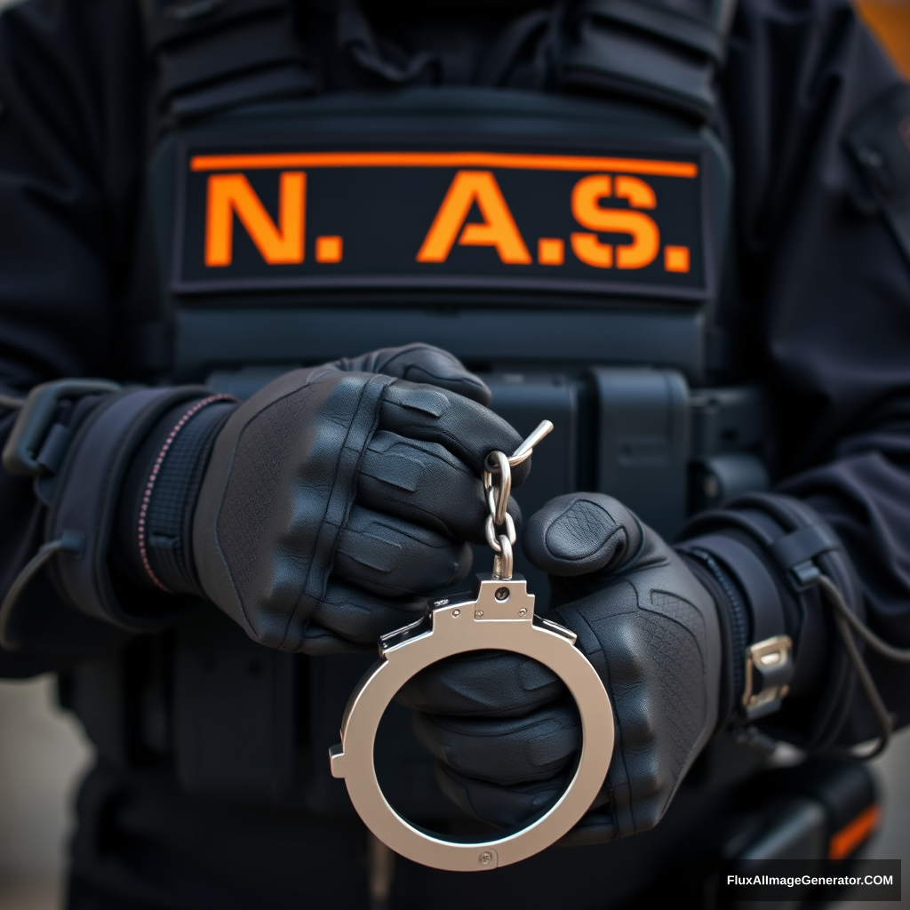 A soldier in black gear with a black and orange inscription N.A.S. on his vest is wearing steel handcuffs, a shot of his hands in gloves and handcuffs in front of him. - Image