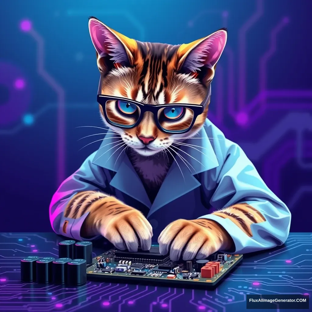 A sleek tabby cat, wearing smart glasses and a miniature lab coat, meticulously solders a futuristic motherboard. The scene resembles a flat, minimalist UI design with neon circuit patterns. Cool blues and vibrant purples dominate, evoking a sense of cutting-edge technology and feline precision. - Image