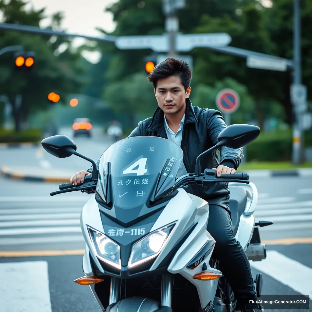 "At the crossroads, a handsome guy is riding a smart motorcycle, which has multiple displays showing Chinese characters or Japanese."