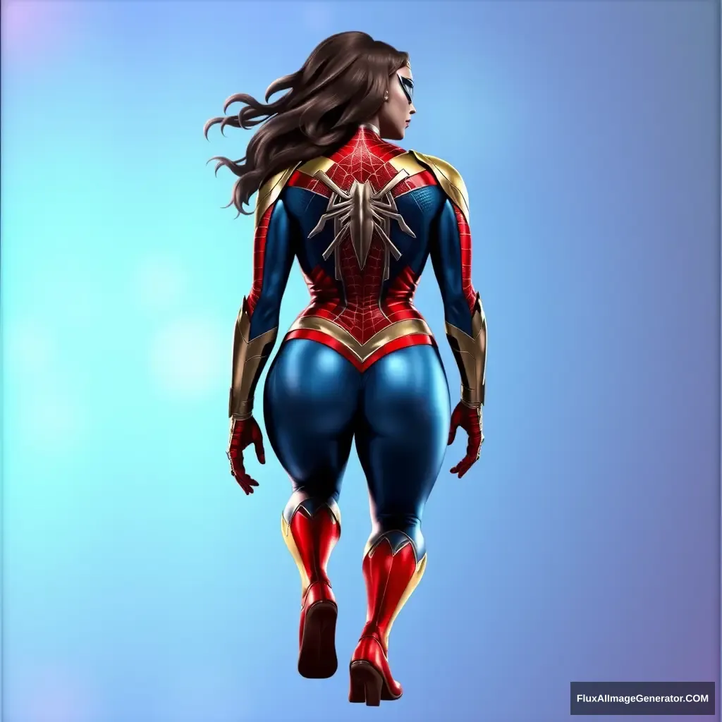 big chested, 400 pound, wonder woman character behind view in crouching spiderman position in the year 2099. full body image from head to toe. in a metallic holographic trading card print. with extra holographic 3D look. - Image