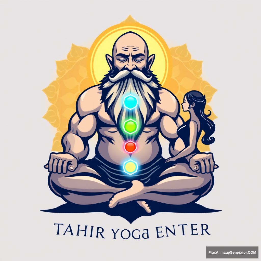 Tahir Yoga Center logo: a muscular, large bald dwarf with a beard in the lotus position exchanges energies from the chakras with a woman.