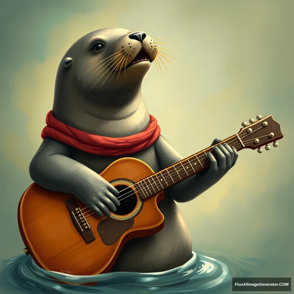 The lovely sea lion is playing the guitar and singing.