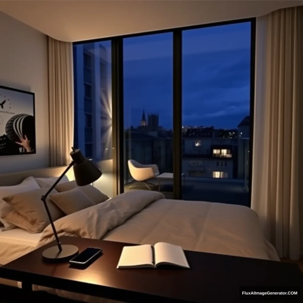 Modern bedroom apartment, big glass window, midnight in France, a study lamp lighting, a notebook and phone on a study desk. - Image