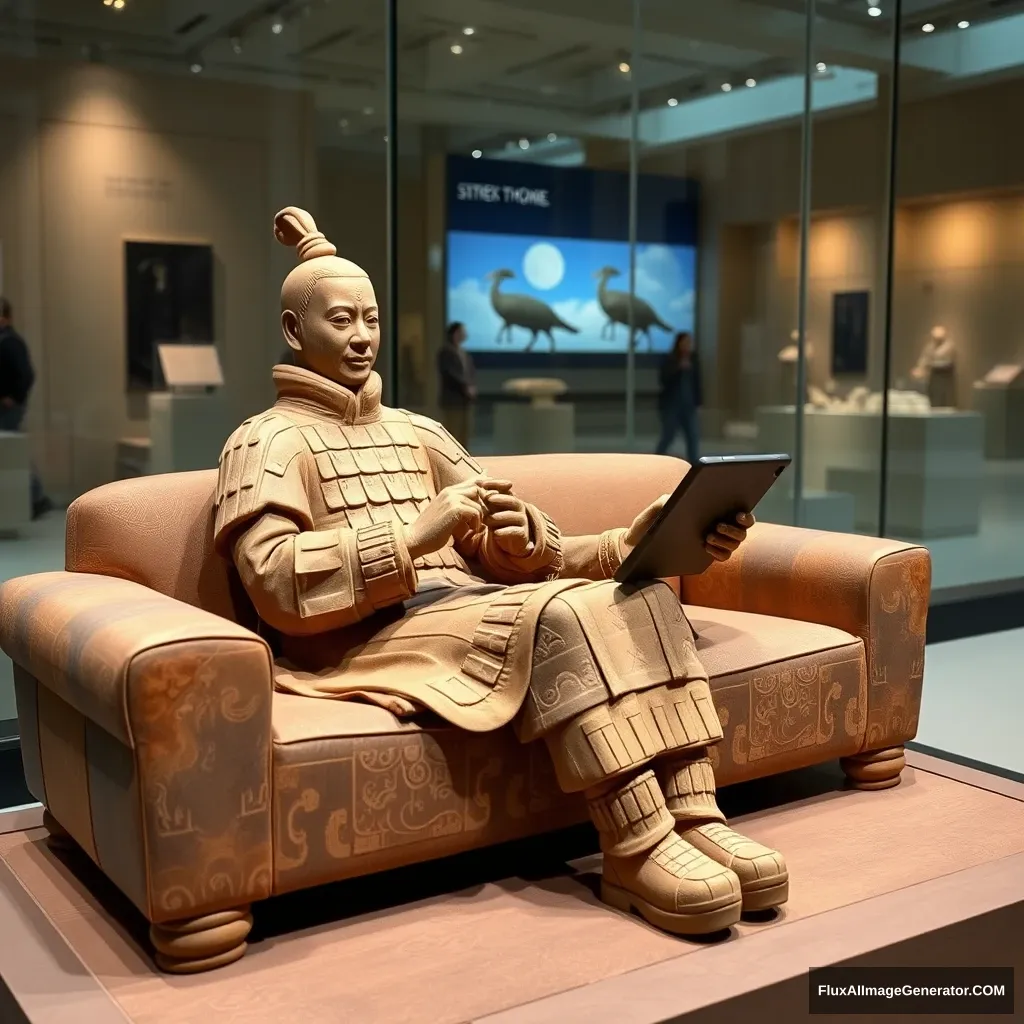 A terracotta warrior sits on a sofa playing on a tablet, fully visible, independently displayed, with cloud patterns and geometric designs on the surface, set against the backdrop of a museum, showcasing the exhibit.