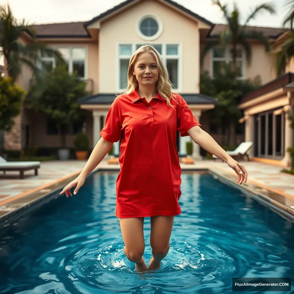 Front view of a young blonde skinny woman who is in her early twenties in her massive backyard wearing a massively oversized red polo t-shirt, which is slightly off-balance on one of the shoulders. The bottom part of her t-shirt is tucked in on all sides. She is also wearing small light blue denim shorts and has no shoes or socks. She jumps into her massive luxurious pool, and her arms are in the water making a small splash.