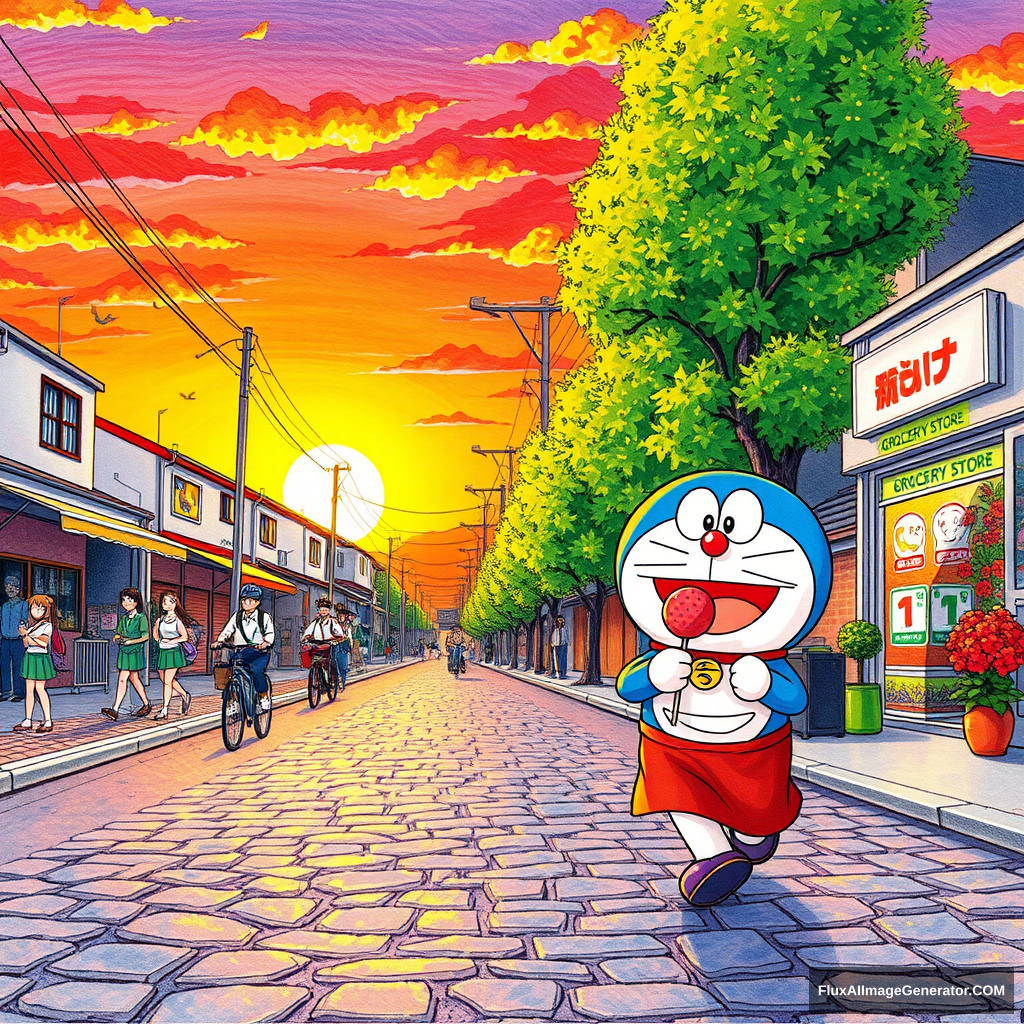 Style: Crayon drawing style, bright and vivid, bold lines, rich colors.

Scene:

As the sun sets in the west, golden rays of light fall on the street, with the sky painted in a gradient of orange and red, and clouds resembling cotton candy.
The street is a typical Japanese street, with low-roofed houses on either side, their walls painted in light hues, and cute cartoon stickers on the windows.
People come and go along the road; there are elementary school students in uniforms getting out of school, office workers riding bicycles to work, and young mothers pushing strollers.
Tall trees are planted along both sides of the road, their leaves turning golden in the sunset, and several small birds resting on the branches.
There is a small shop on the street with a sign that reads "Grocery Store," and pots of bright flowers displayed at the entrance.
Doraemon and Shin-chan walk side by side down the street; Doraemon carries his square pocket and holds a bag of strawberry-flavored candy, while Shin-chan happily holds a giant lollipop, beaming with a bright smile.
The ground is a rough stone-paved road, with some fallen leaves scattered about, exuding a faint fragrance.

Details:

Please emphasize the crayon strokes, with clear variations in line thickness and bright, vivid colors.
The scene should be filled with childlike playfulness and a warm atmosphere.
Additional small details can be included, such as a little mouse on Doraemon's pocket or a cartoon pattern on Shin-chan's pants, etc.
Keywords: Doraemon, Shin-chan, after school, sunset, street, crayon drawing, childlike playfulness, warmth, Japanese style, cuteness.