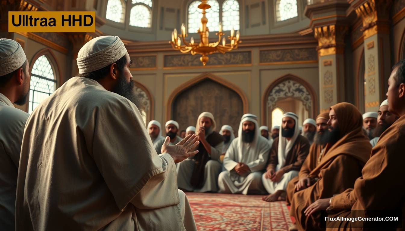 Prophet Muhammad (SAW) addressing his companions in a mosque, explaining the signs of Dajjal. The scene is filled with calm yet serious expressions, emphasizing the importance of the message. Ultra HD, realistic, respectful, with soft and cinematic lighting.