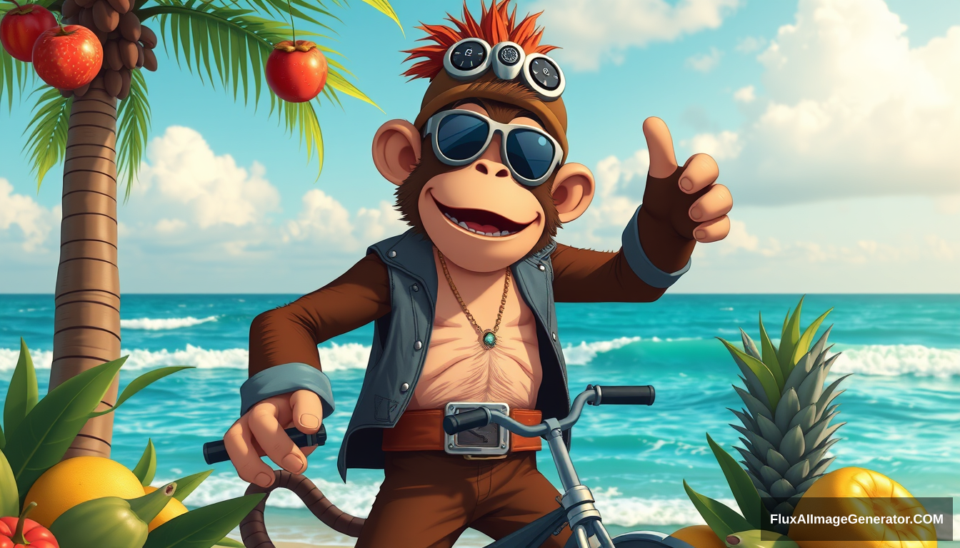 cartoon monkey dressed like a biker dancing by the ocean, fruit all around him. vibing