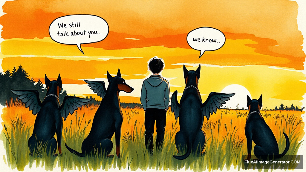 Messy hand drawn watercolor illustration: male figure in meadow at golden hour, silhouetted against vibrant sunset sky. Three ethereal ghostly winged canine companions, black and tan Dobermans, sat beside him, facing away from the viewer. Speech bubbles float above: "We still talk about you" (person), "we know" (dog). Nostalgic atmosphere, brushstrokes convey wistful longing. - Image