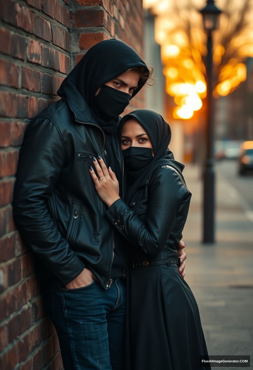 Jamie Dornan, handsome, young, black face mask, collage jacket, jeans, dating a beautiful, romantic, biggest black hijab Muslim girl, with beautiful eyes, black face mask, black leather jacket, biggest skirt standing and laying against a brick wall, town, morning scenery, sunrise, photorealistic, street photography. - Image