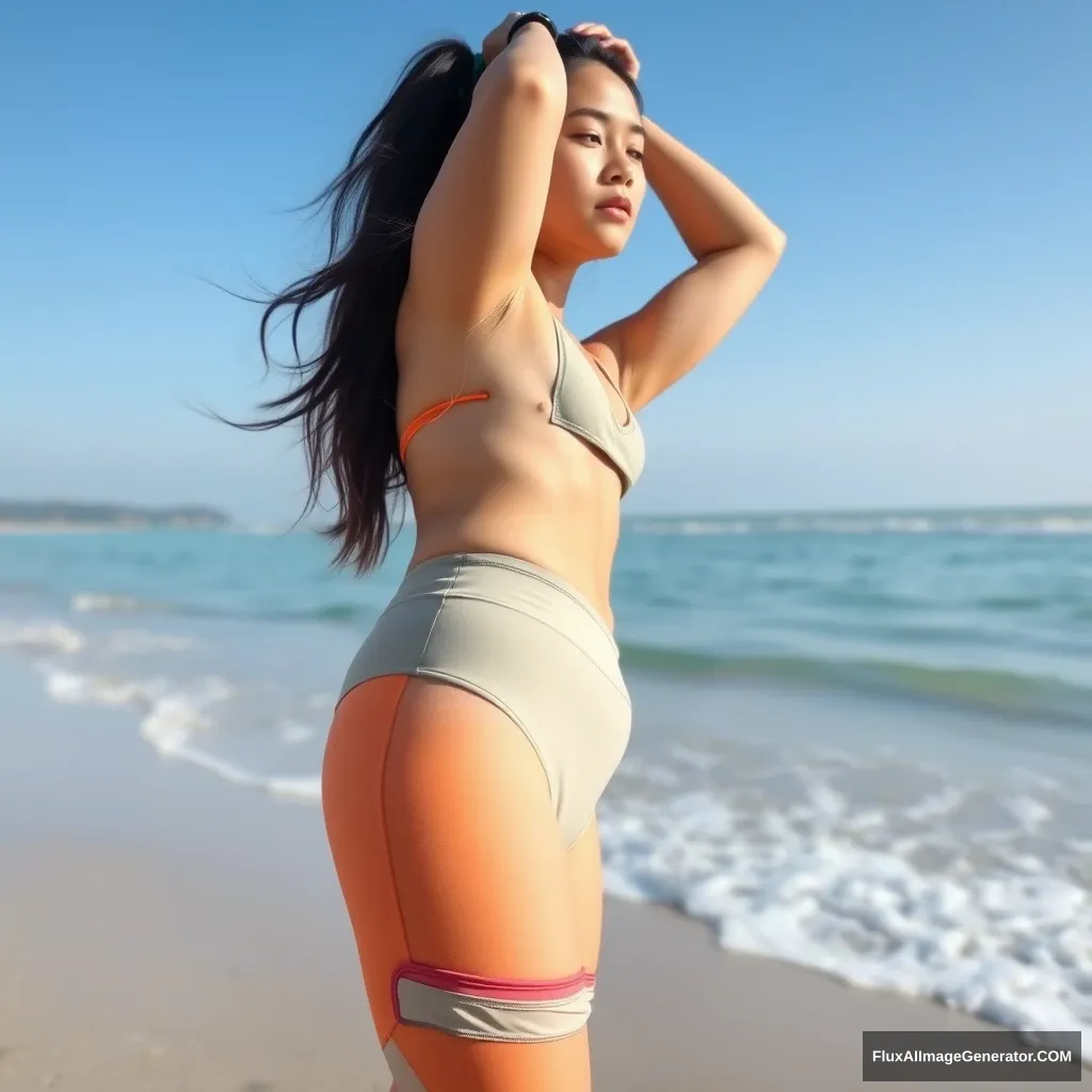 An Asian girl wearing yoga pants on the beach. - Image