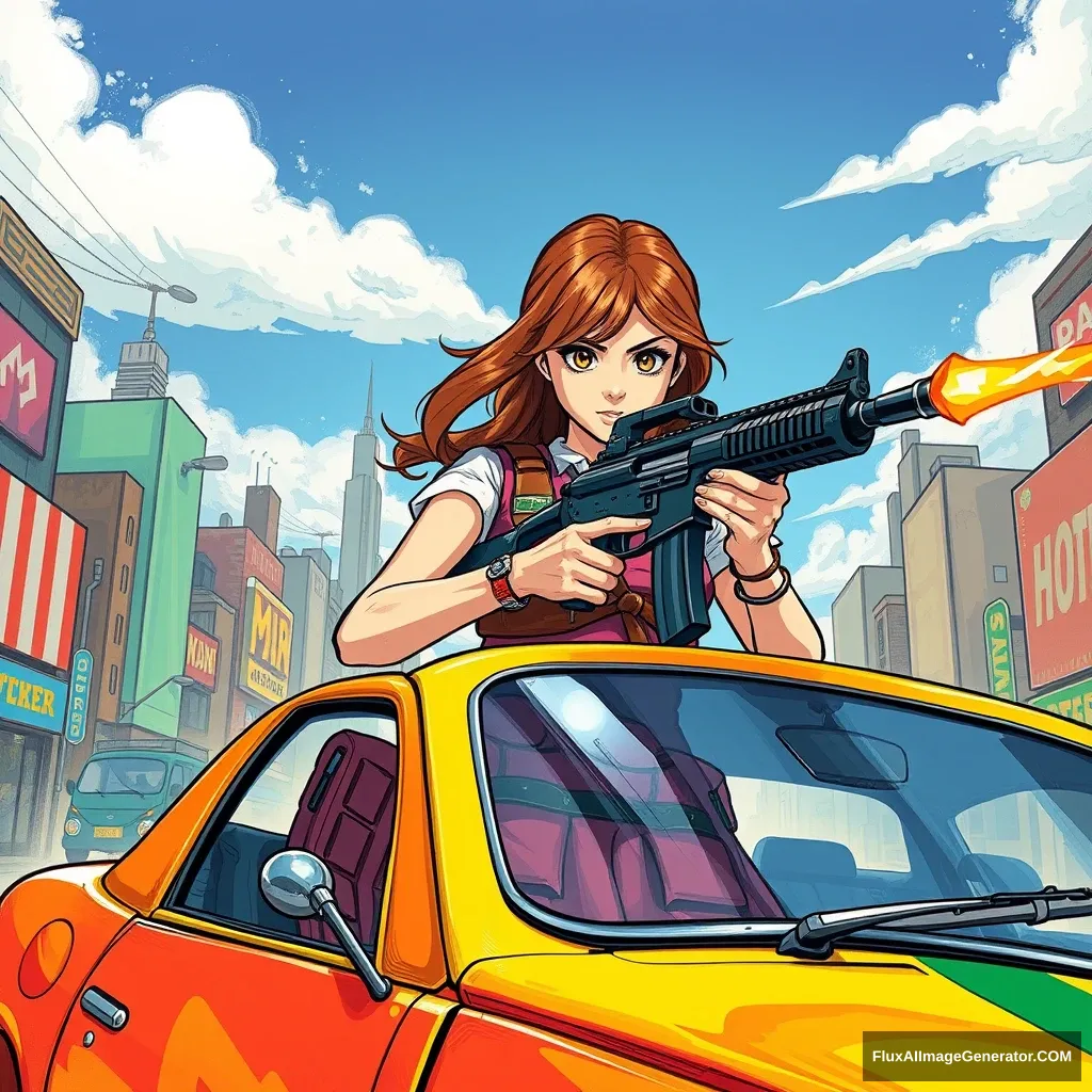 a girl with a gun, city, war, colorful, car - Image