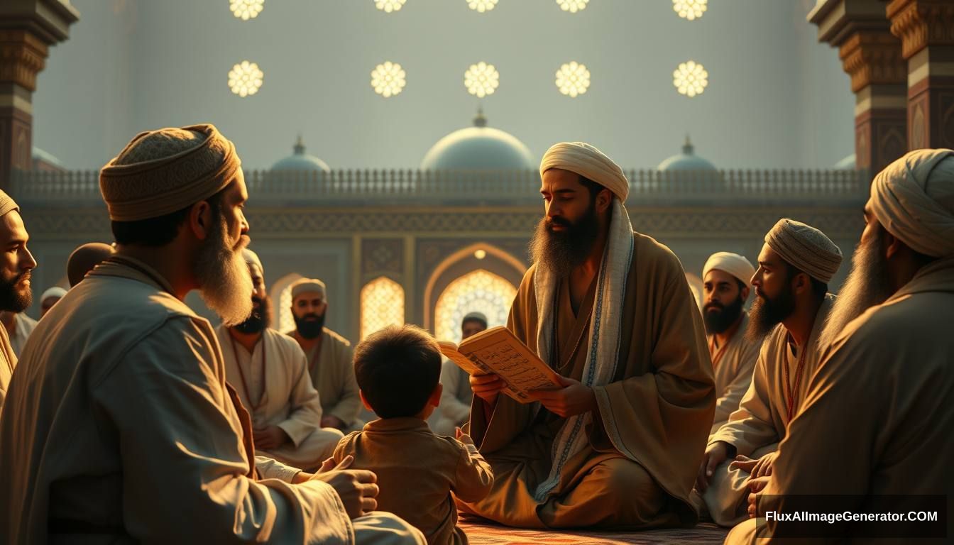 Tamim ad-Dari reporting his experience to a young boy in a serene mosque setting, with the Prophet surrounded by his companions, all listening intently. Ultra HD, realistic, serene, with warm and cinematic lighting. - Image