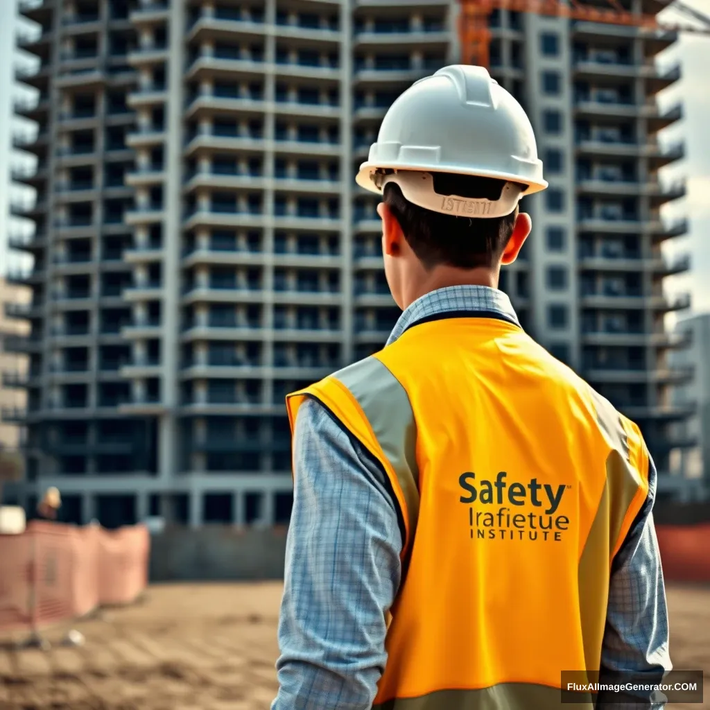 A photorealistic image of a construction worker walking toward a construction site. There is a high rise building under construction in the background. The construction worker is facing toward the camera. The construction worker is about 10 feet away from the camera. He is wearing a yellow vest that has “Utah Safety Institute” in white letters on the left chest. He is also wearing a white safety hat. - Image