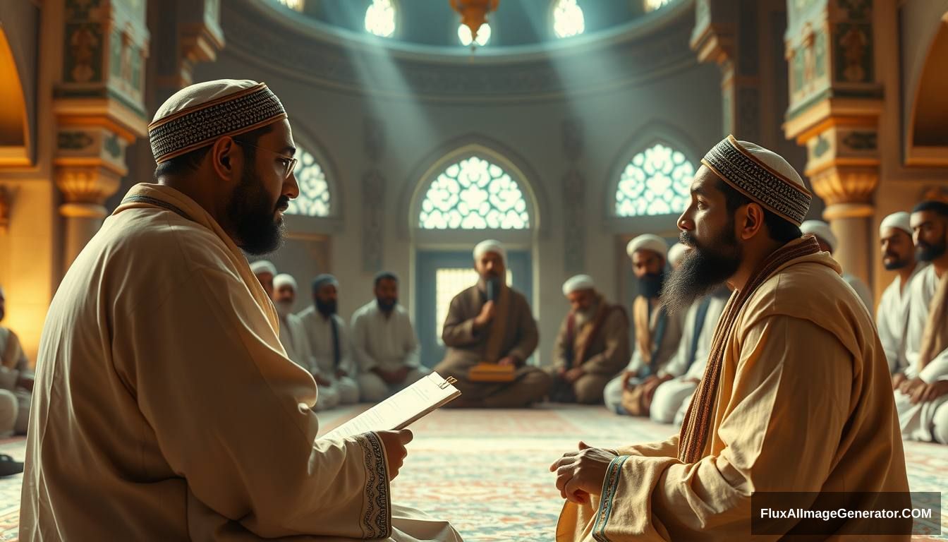 Tamim ad-Dari recounting his experience to a young boy in an Arabic setting within a serene mosque, with the Prophet surrounded by his companions, all listening intently. Ultra HD, realistic, peaceful, with warm and cinematic lighting.