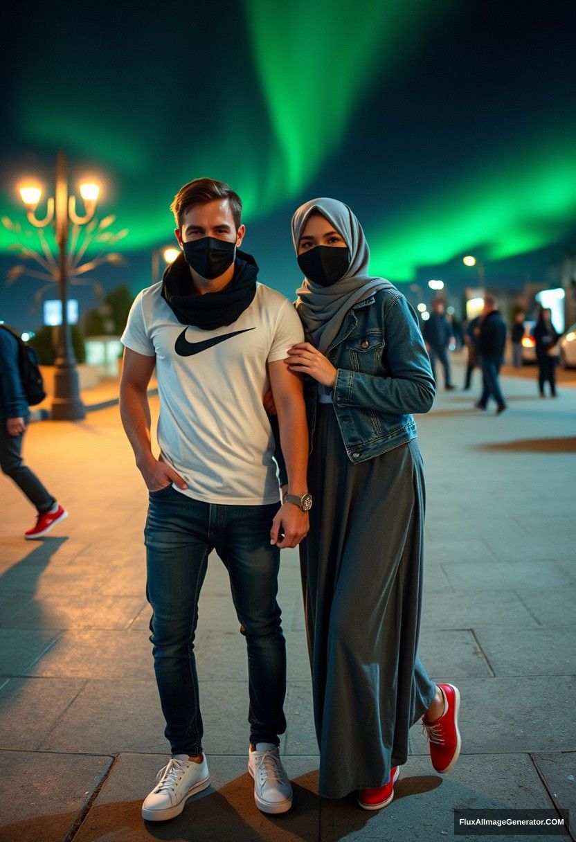 Jamie Dornan, handsome, black face mask, white Nike t-shirt, jeans, sneakers, dating romantically with a grey hijab Muslim girl, beautiful eyes, black face mask, jeans jacket, very long and big skirt, not a tall girl, red sneakers, holding hands, photorealistic, street photography, full photography, selfie photos, night scenery, aurora. - Image