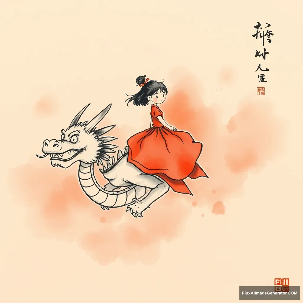 Ink painting, red theme, a little girl riding on the dragon's head. - Image