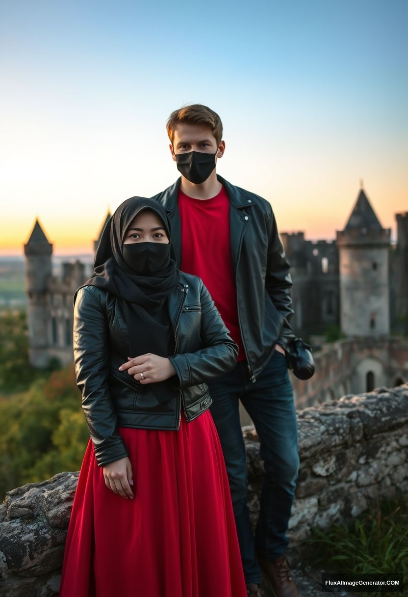 A biggest black hijab girl, beautiful eyes, face mask black, black leather jacket, biggest red longest dress, untall,

Jamie Dornan, handsome, face mask black, fit and tough body, Nike red t-shirt, black leather jacket, jeans, tall man, standing at wall together

Hyper realistic, photorealistic, studio photography, Victoria's abandoned castle, sunrise.