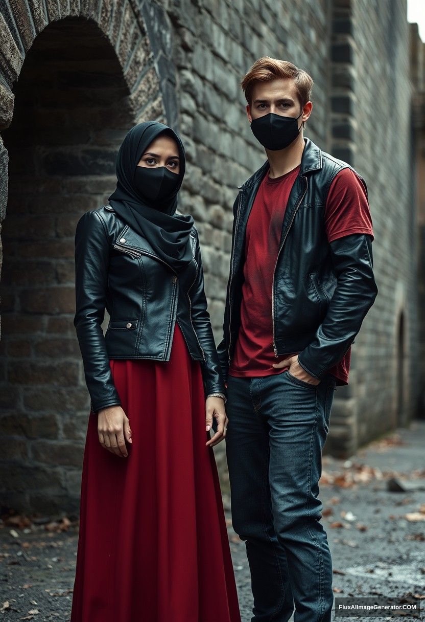 A biggest black hijab girl, beautiful eyes, face mask black, black leather jacket, biggest red longest dress, untall,

Jamie Dornan, handsome, face mask black, fit and tough body, metal red t-shirt, black leather jacket, jeans, tall man,

standing near wall together, 
Hyper realistic, photorealistic, street photography, Victoria's abandoned castle, gloomy, darkness. - Image