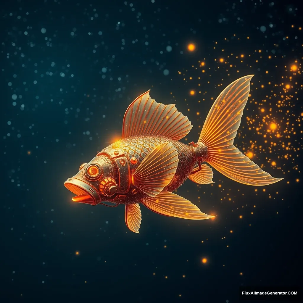 "A群 mechanical fish fly under the starry sky, emitting golden particle effects, ultra-resolution, ultra-high definition, ultra-detailed." - Image