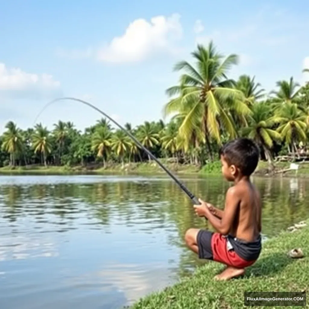 Small boy fishing by a riverside with lush green coconut trees. - Image