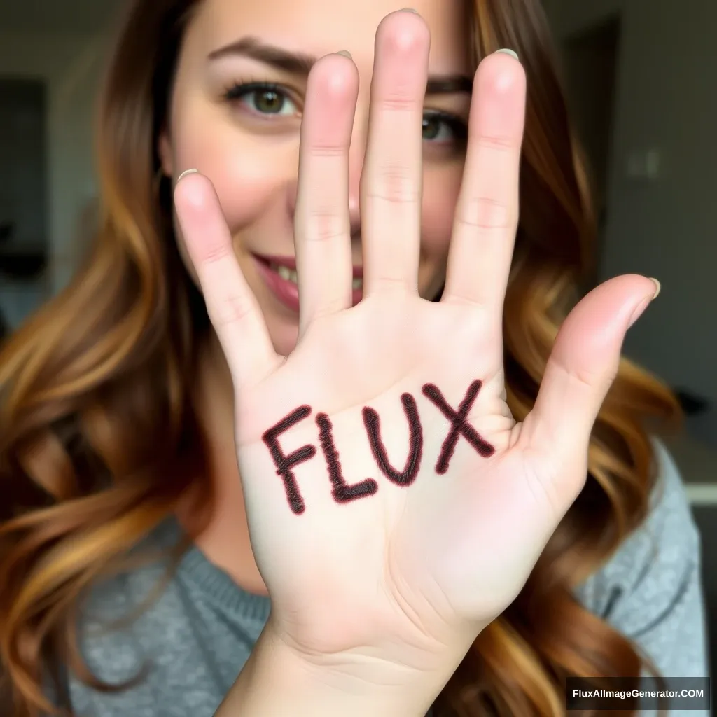 The image shows a woman with her palm facing the camera. The palm is marked with the word "FLUX" in a dark color, likely black or dark brown. The individual has a clear complexion and long, wavy brown hair that cascades over her shoulders. She is wearing a grey top, which suggests casual attire. The background is blurred but appears to be an indoor environment. There is no additional context provided within the image itself, so any further description would be speculative. - Image