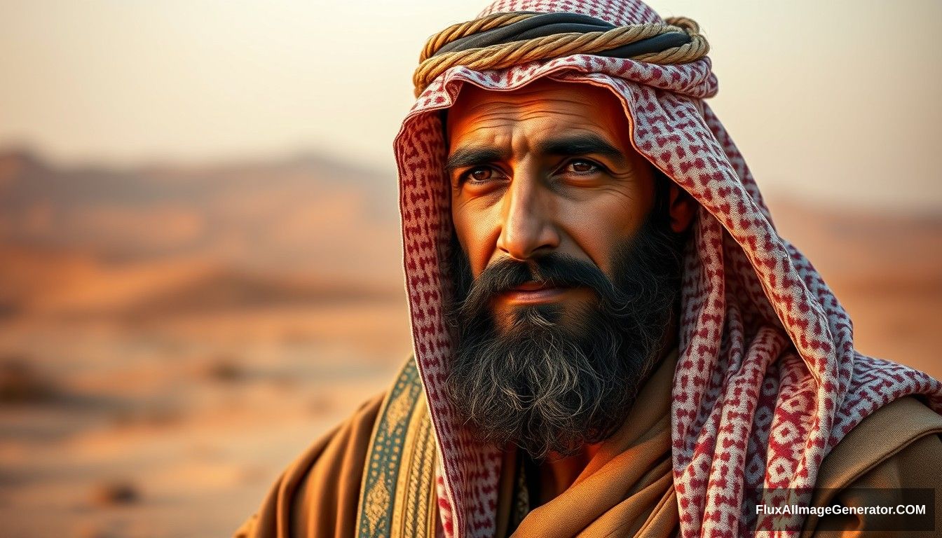 "Portrait of Tamim ad-Dari, an Arab man from the Lakhm tribe, dressed in traditional desert robes of the early 7th century, with a serene and wise expression, set against a backdrop of a Middle Eastern desert landscape. Ultra HD, realistic, cinematic lighting."