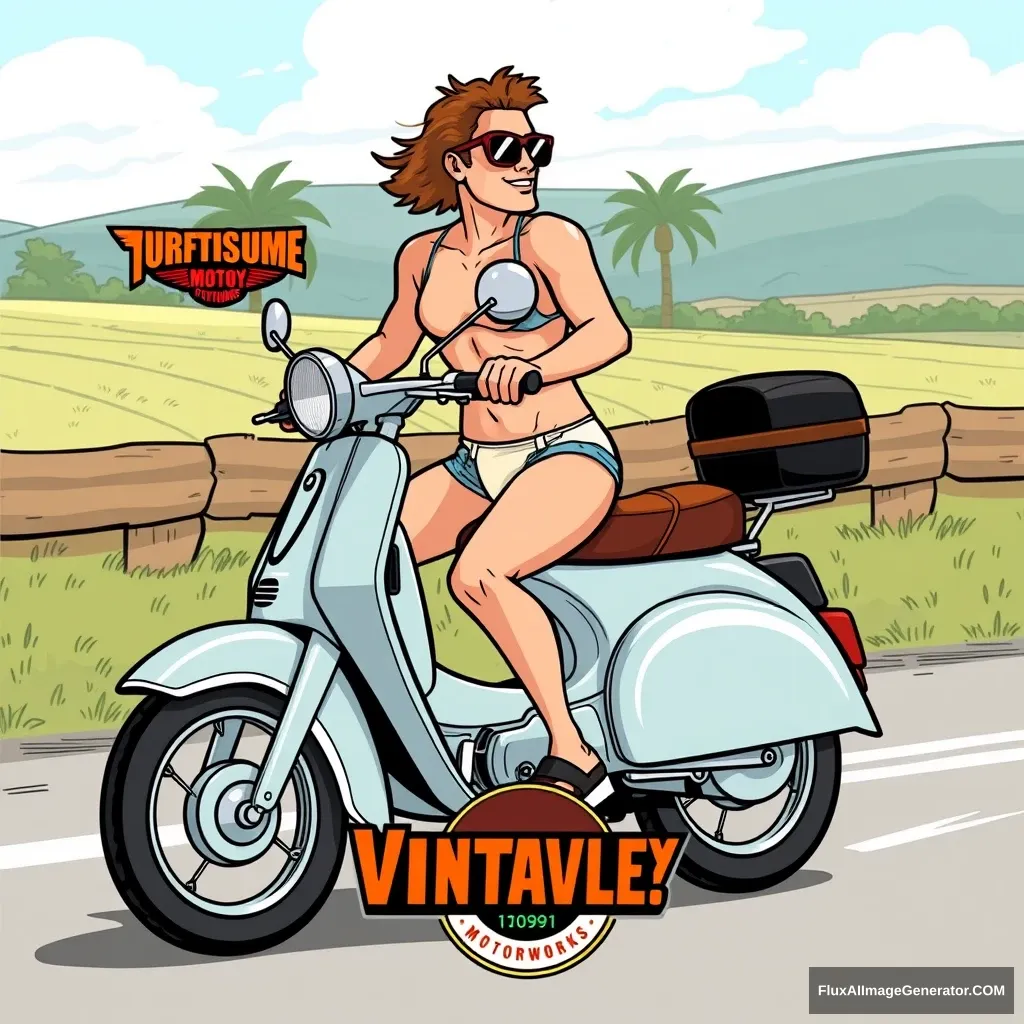 A man riding a 70's style moped, with bike pedals as a moped actually has, wearing only a bikini bottom and sunglasses, in the style of a cartoon from the early 90's, that has a logo for a moped shop called Vintage Valley Motorworks.