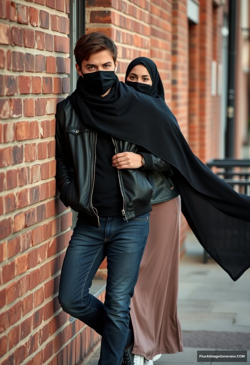 Jamie Dornan, handsome, young, black face mask, collage jacket, jeans, dating a beautiful Muslim girl in a big black hijab, with beautiful eyes, black face mask, black leather jacket, sneakers, the longest skirt, standing or lying against a brick wall, town, morning scenery, photorealistic, street photography.