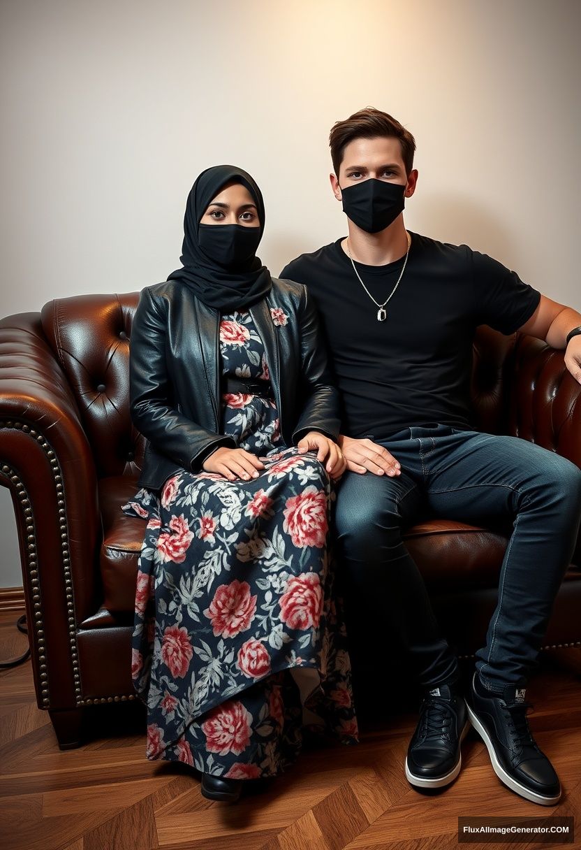 A longest black hijab girl, slim girl, beautiful eyes, face mask black, black leather jacket, biggest floral long dress, black leather sneaker, sitting on leather single wing sofa, Jamie Dornan, youngest, silver necklace for men, black T-shirt, jeans, black leather sneaker, tall man, face mask black, fit body, sitting near her, hyper realistic, studio photography. - Image