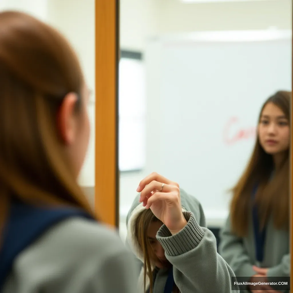 A female student is looking at the mirror.