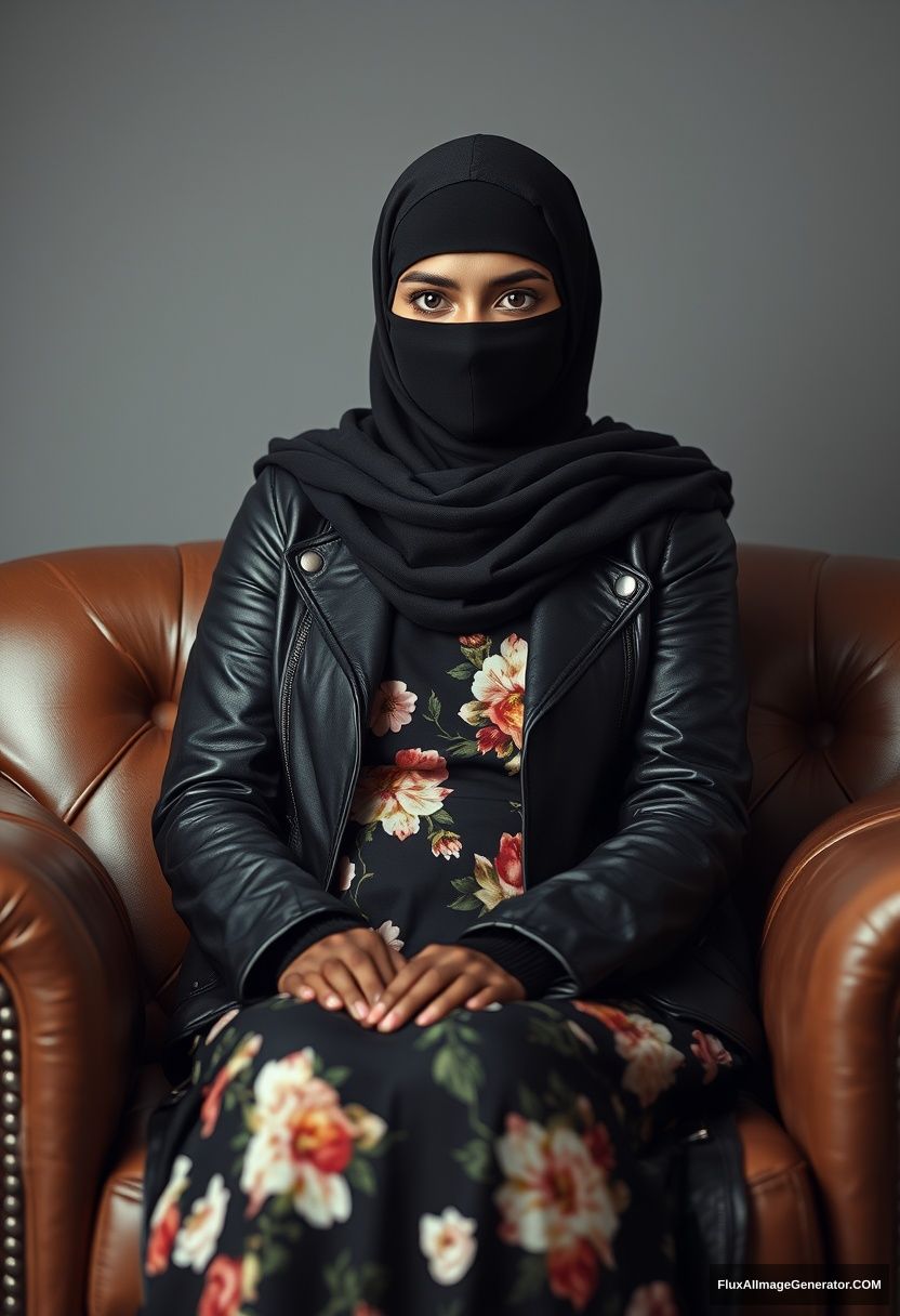 A biggest black hijab girl, burqa, beautiful eyes, black leather jacket, biggest floral long dress, sitting on leather single sofa, hyper realistic, studio photography. - Image