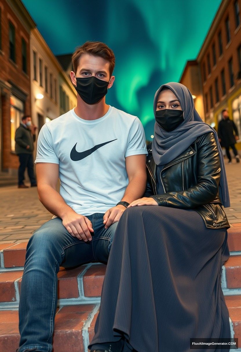 Jamie Dornan, tall and handsome, wearing a black face mask, a white Nike T-shirt, and jeans, is dating a beautiful Muslim girl in a grey hijab with beautiful eyes, also wearing a black face mask and a leather jacket. She is wearing a very long and wide skirt and is not tall. They are sitting on a brick stair in town, captured in photorealistic street photography, with selfies taken at night against a backdrop of the aurora borealis. - Image