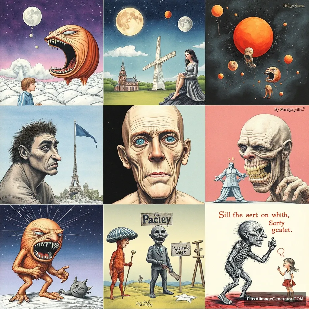 A collage of different extremely strange illustrations