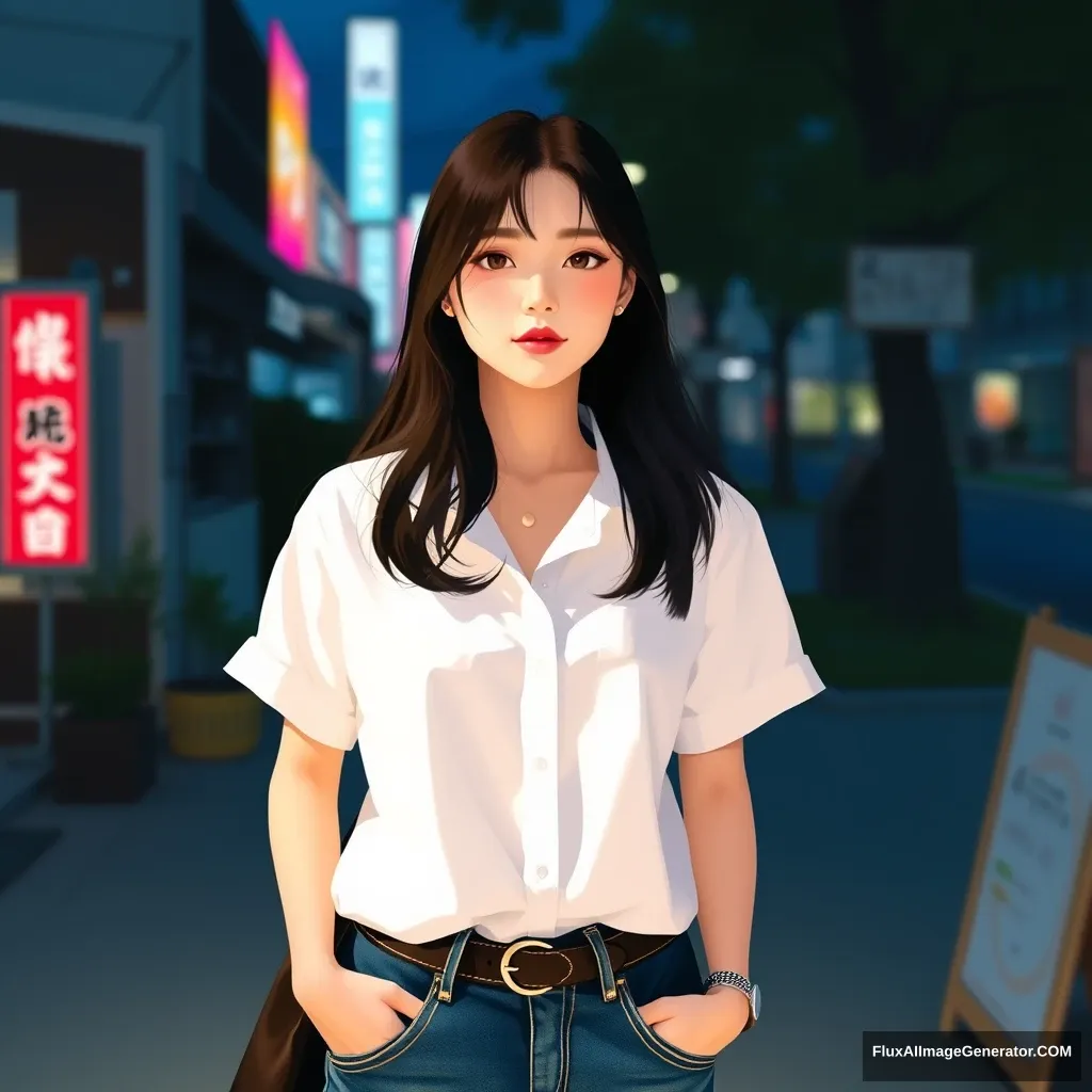 1 white shirts, jeans, Korean girl